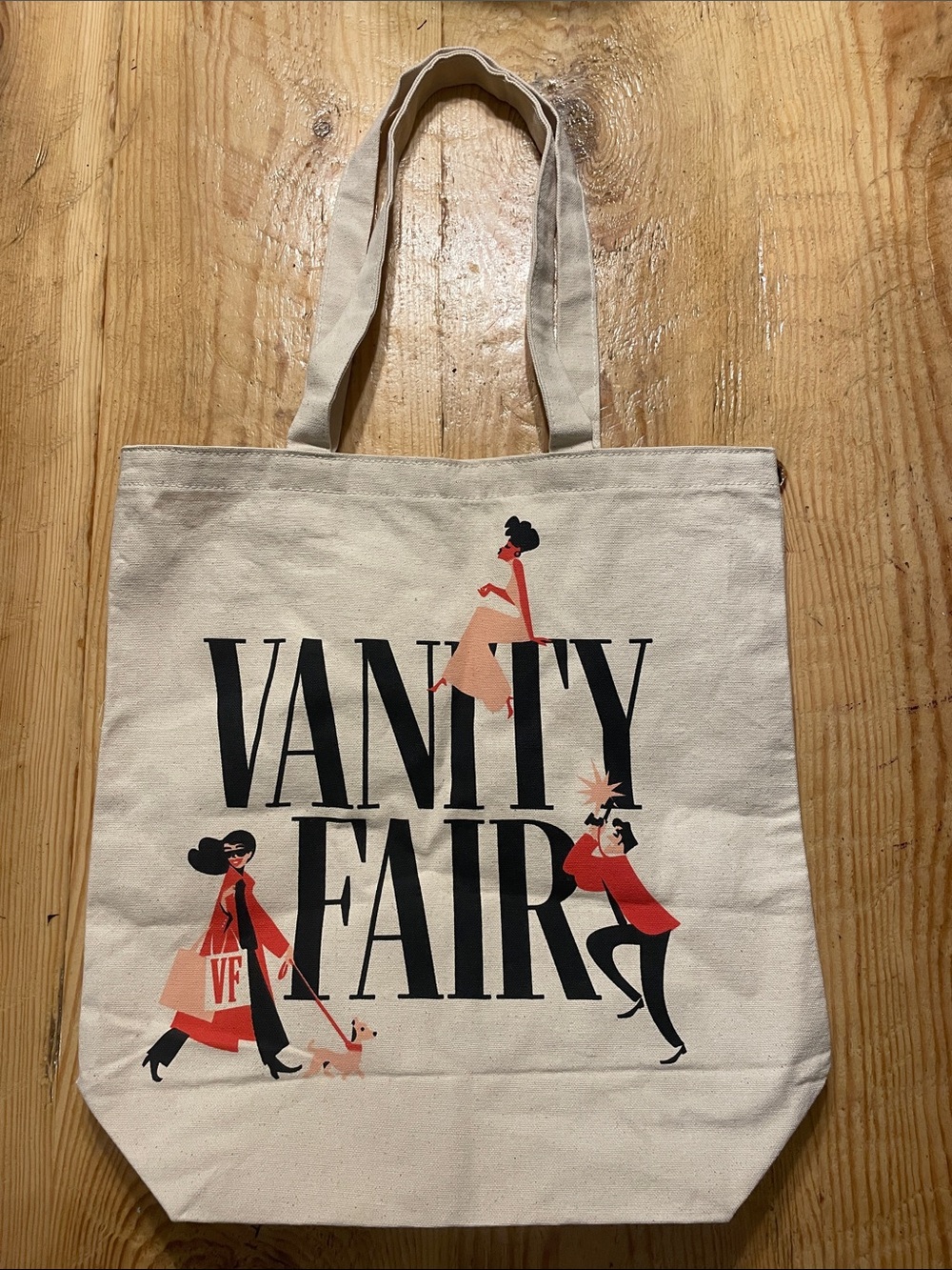 Vanity Fair Cream Canvas Tote with Black Logo and Red Accents